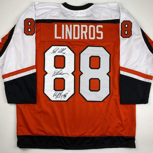 Autographed/Signed Legion of Doom Eric Lindros, John LeClair & Mikail Renberg Philadelphia Orange Hockey Jersey JSA COA