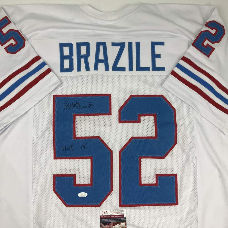 Autographed/Signed Robert Brazile HOF 18 Houston White Football Jersey JSA COA