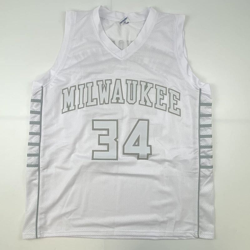 Autographed/Signed Giannis Antetokounmpo Milwaukee White Ice Basketball Jersey JSA COA