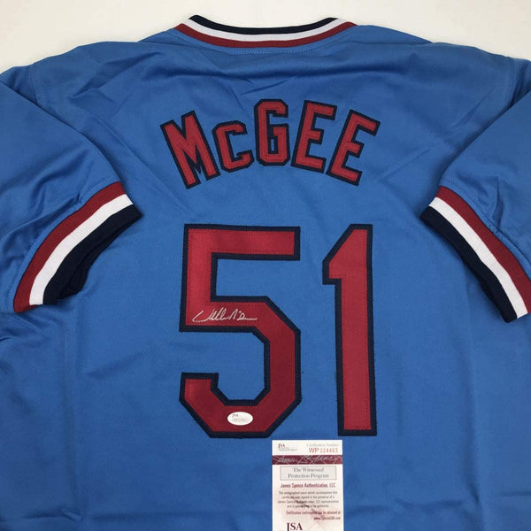 Autographed/Signed Willie McGee St. Louis Blue Baseball Jersey JSA COA