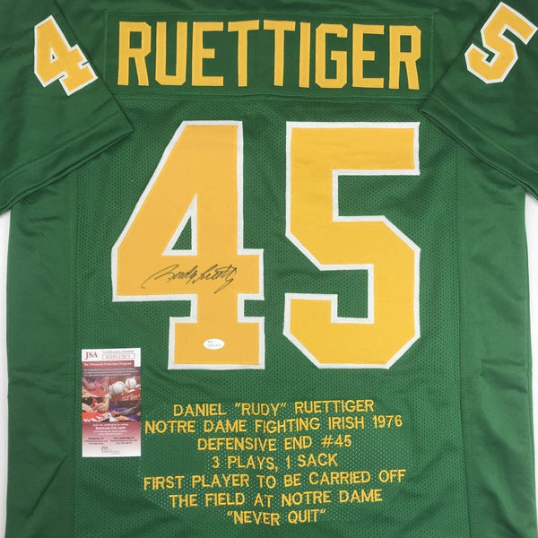 Autographed/Signed Rudy Ruettiger Notre Dame Green Stat College Football Jersey JSA COA