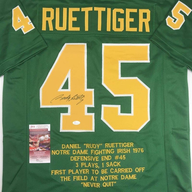 Autographed/Signed Rudy Ruettiger Notre Dame Green Stat College Football Jersey JSA COA