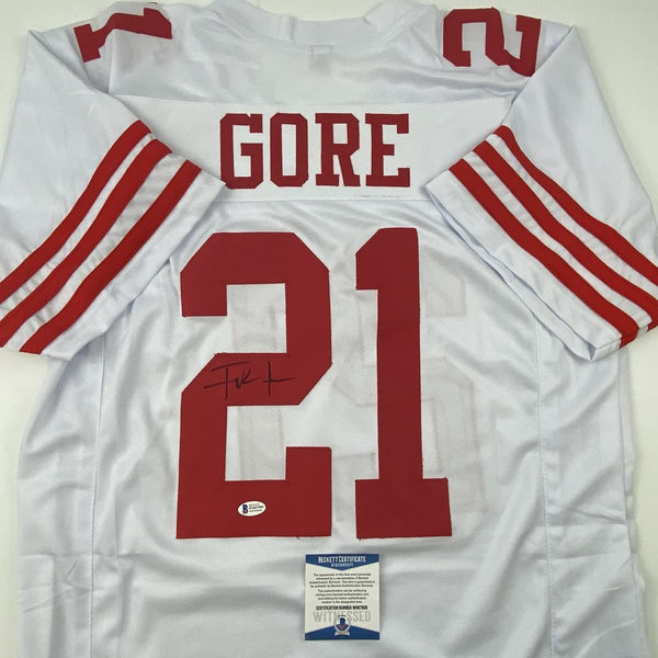 Autographed/Signed Frank Gore San Francisco White Football Jersey Beckett BAS COA