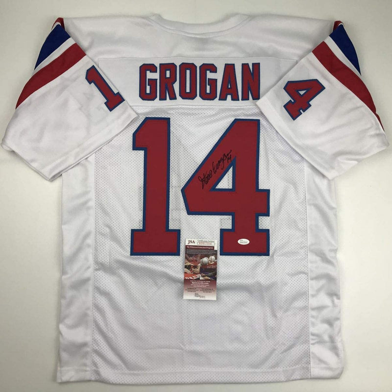 Autographed/Signed Steve Grogan New England White Football Jersey JSA COA
