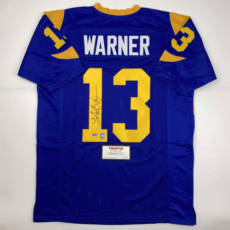Autographed/Signed Kurt Warner St. Louis Blue Football Jersey Tristar COA