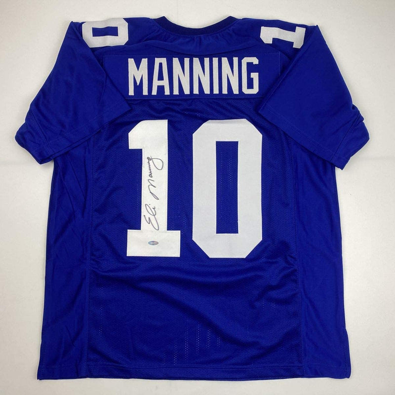 Autographed/Signed Eli Manning New York Blue Football Jersey Steiner Sports COA Hologram Only