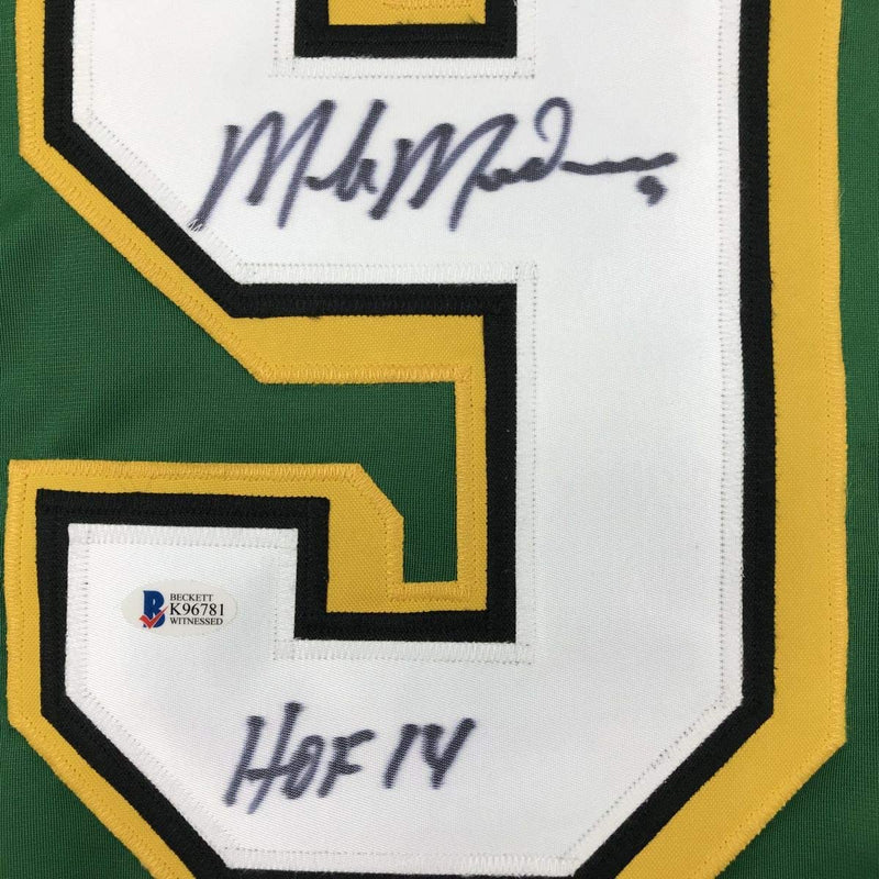 Autographed/Signed Mike Modano HOF 2014 Minnesota Green Hockey Jersey Beckett BAS COA