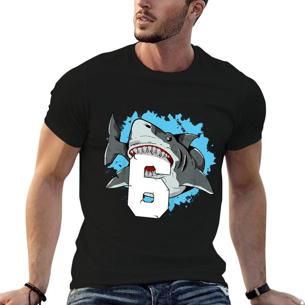 Shark 6th Birthday Boy 6 Six Shark Theme Party  Ribbed Collar T-Shirt