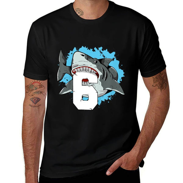 Shark 6th Birthday Boy 6 Six Shark Theme Party  Ribbed Collar T-Shirt