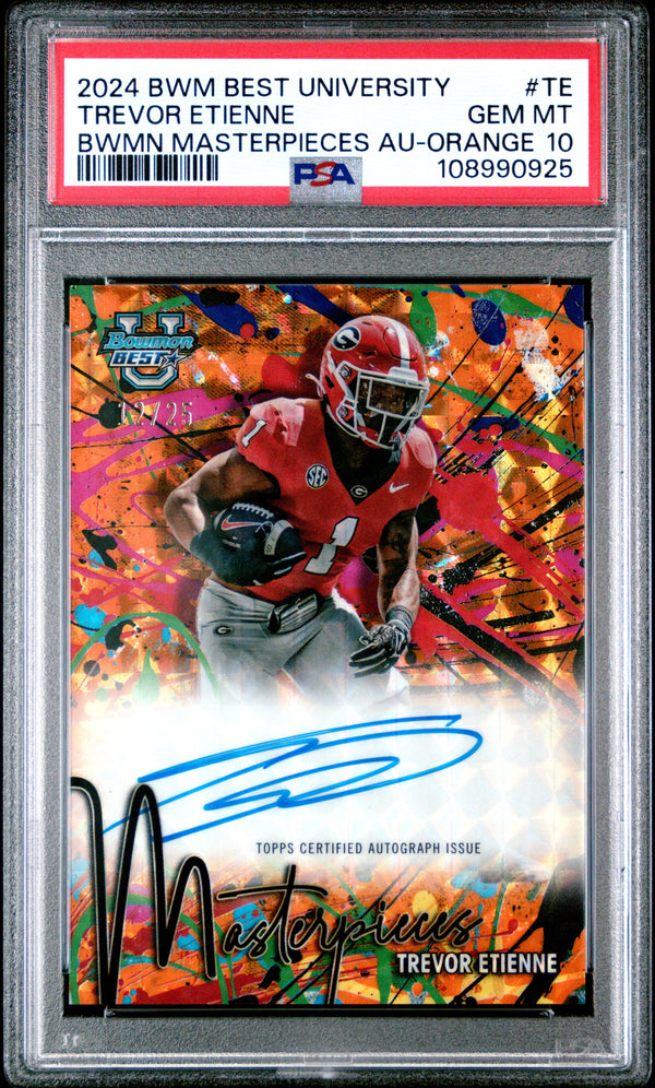 Graded 2024 Topps Bowman Best University Trevor Etienne #TE Bowman Masterpieces Auto Orange /25 Rookie RC Football Card PSA 10 Gem Mint
