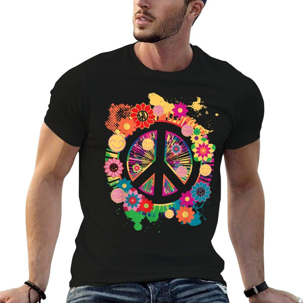 Peace Sign Colorful Flowers Hippie Retro 60s 70s  Tagless Design T-Shirt