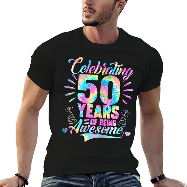 Celebrating 50 Year Of Being Awesome With Tie-dye Graphic  Fade-proof Color T-Shirt