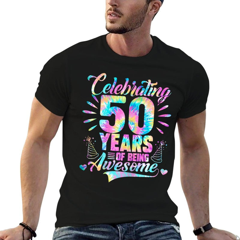 Celebrating 50 Year Of Being Awesome With Tie-dye Graphic  Fade-proof Color T-Shirt