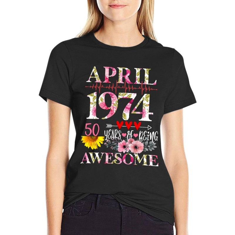 April 1974 Floral 50th Birthday 50 Years Of Being Awesome  Rolled Sleeves T-Shirt
