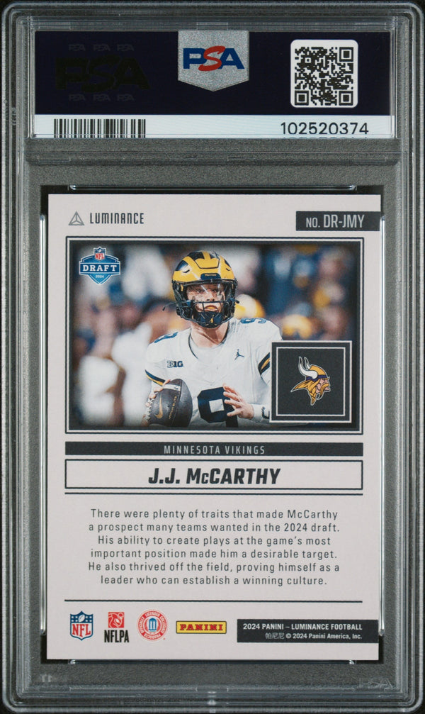Graded 2024 Panini Luminance JJ McCarthy #DRJMY Dynamic Rookies Rookie RC Football Card PSA 10 Gem Mint
