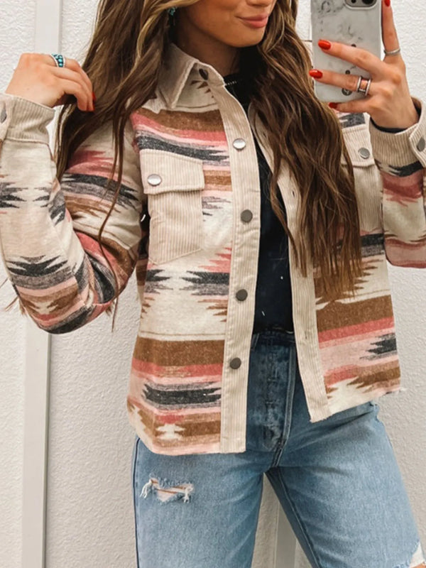 Corduroy Hem Striped Button-Up Jacket