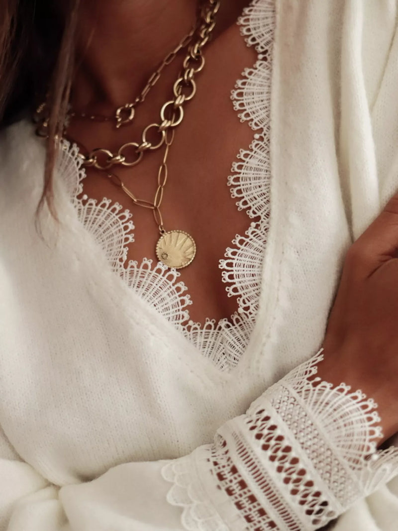 Lace Trim V-Neck Sweater