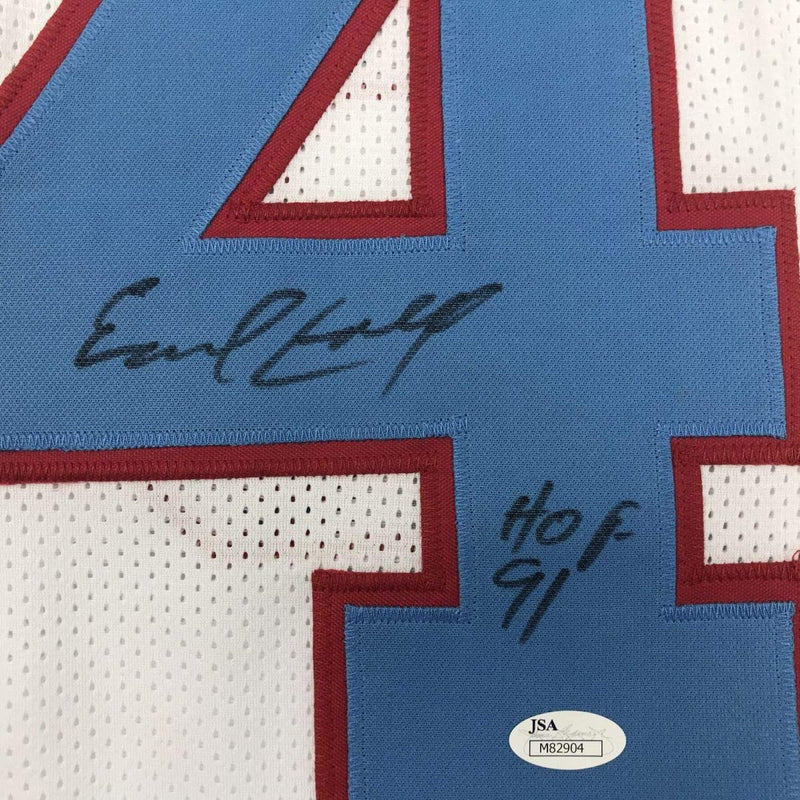 Autographed/Signed Earl Campbell HOF 91 Houston White Stat Football Jersey JSA COA