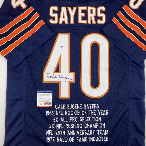 Autographed/Signed Gale Sayers Chicago Blue Stat Football Jersey PSA/DNA COA