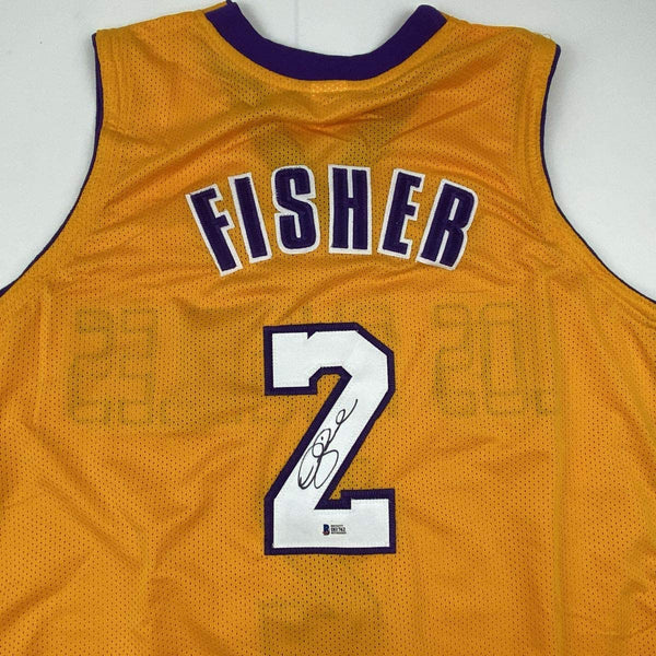 Autographed/Signed Derek Fisher Los Angeles LA Yellow Basketball Jersey Beckett BAS COA