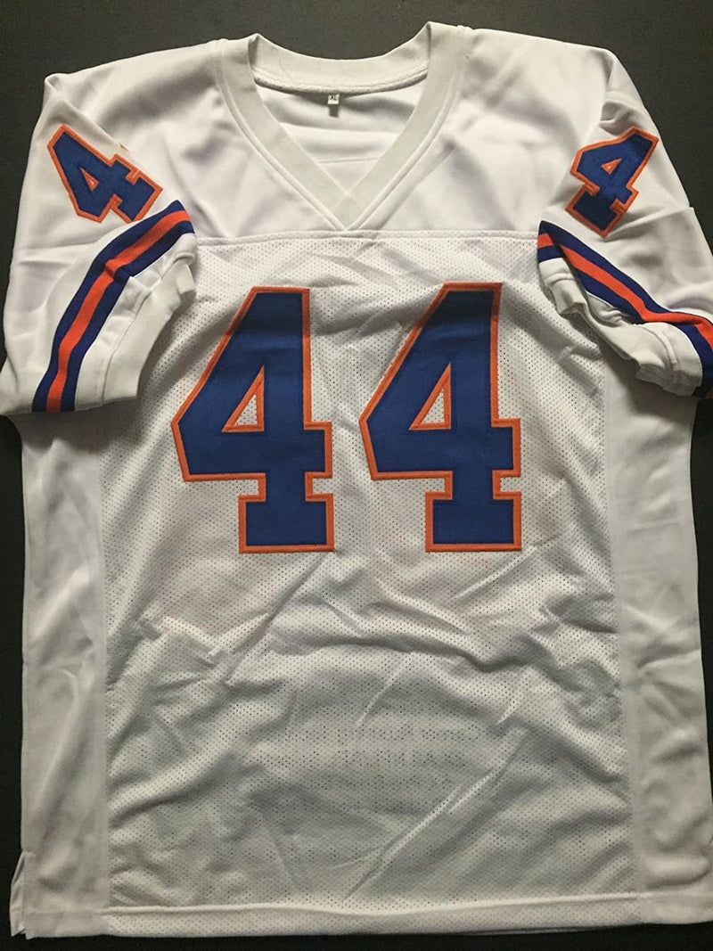 Autographed/Signed Floyd Little HOF 10  Denver Broncos White Stat Football Jersey JSA COA