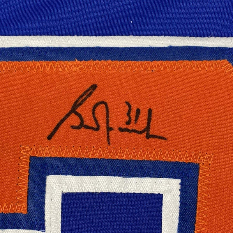 Autographed/Signed Grant Fuhr Edmonton Blue Hockey Jersey Beckett BAS COA