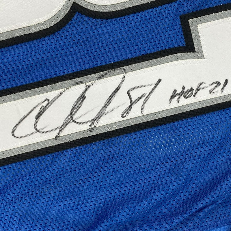 Autographed/Signed Calvin Johnson HOF 21 Detroit Blue Football Jersey JSA COA