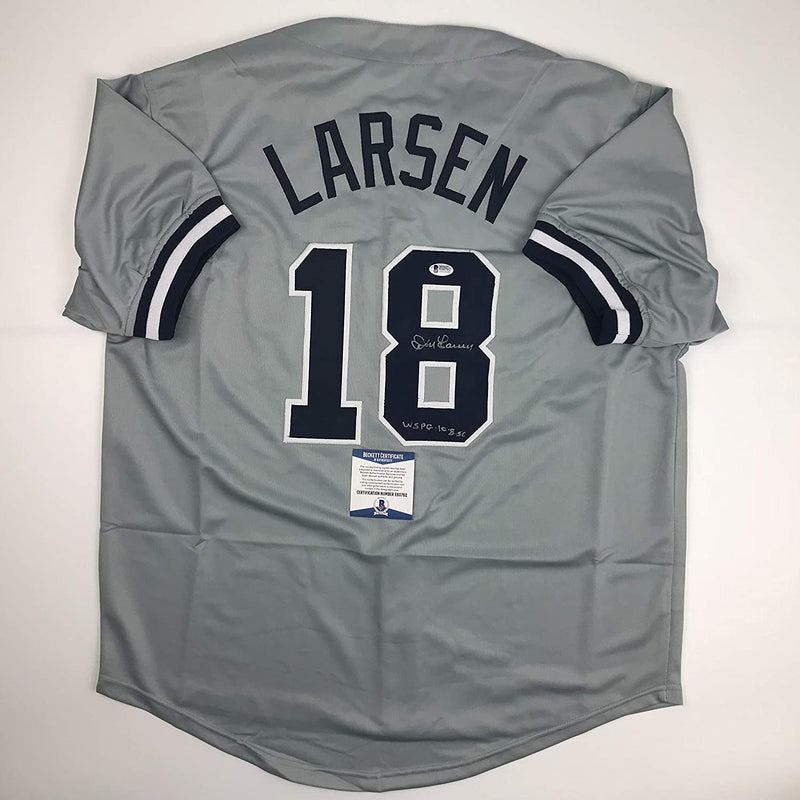 Autographed/Signed Don Larsen WS PG 10-8-56 New York Grey Baseball Jersey Beckett BAS COA