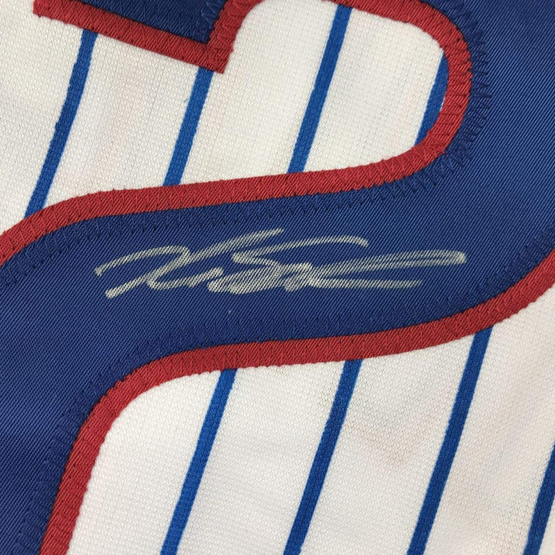 Autographed/Signed Kyle Schwarber Chicago Pinstripe Baseball Jersey JSA COA