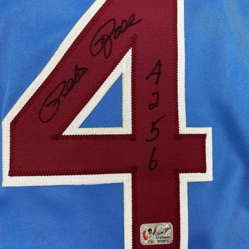 Autographed/Signed Pete Rose 4256 Philadelphia Blue Baseball Jersey Athlete Hologram COA
