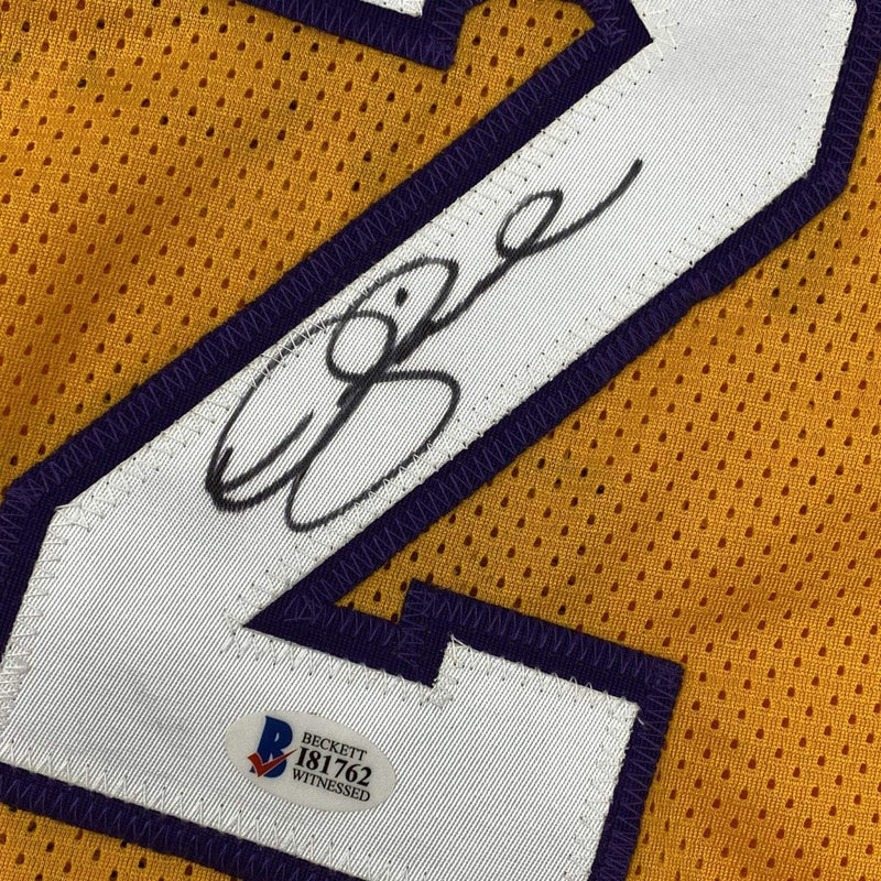 Autographed/Signed Derek Fisher Los Angeles LA Yellow Basketball Jersey Beckett BAS COA