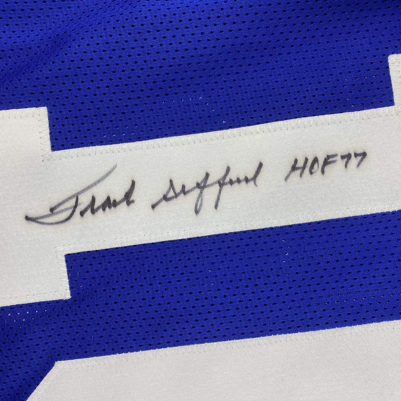 Autographed/Signed Frank Gifford HOF 77 New York Blue Football Jersey JSA COA