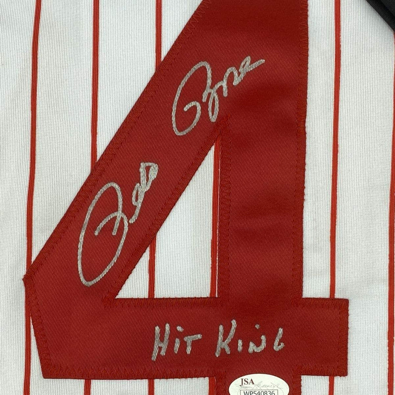 Autographed/Signed Pete Rose Hit King Cincinnati Pinstripe Baseball Jersey JSA COA