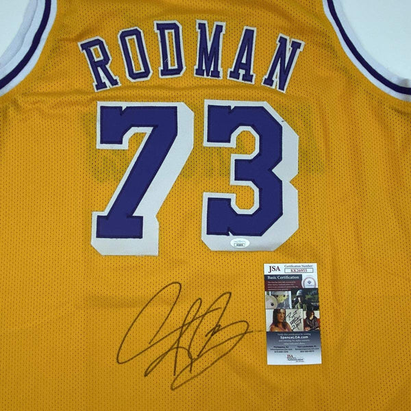 Autographed/Signed Dennis Rodman Los Angeles LA Yellow Basketball Jersey JSA COA