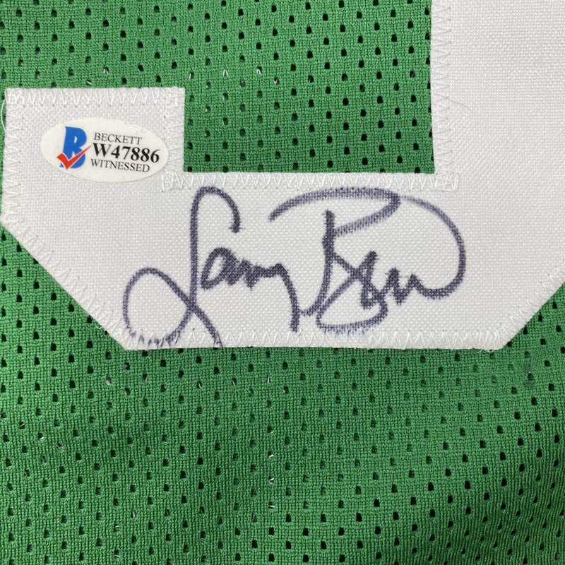 Autographed/Signed Larry Bird Boston Green Basketball Jersey Beckett BAS COA