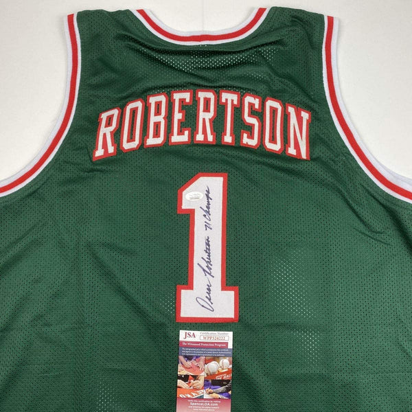 Autographed/Signed Oscar Robertson 71 Champs Milwaukee Green Basketball Jersey JSA COA