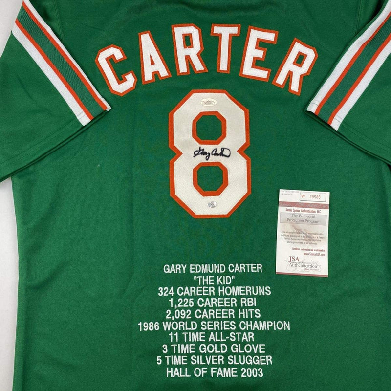Autographed/Signed Gary Carter New York Green Stat Baseball Jersey JSA COA