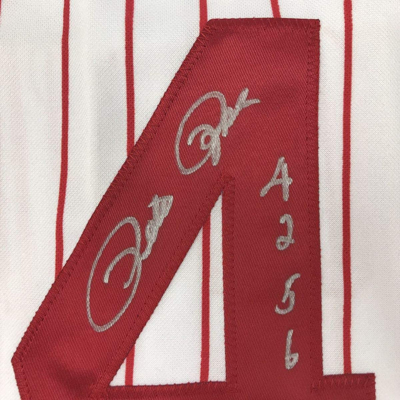 Autographed/Signed Pete Rose 4256 Cincinnati Pinstripe Baseball Jersey JSA COA