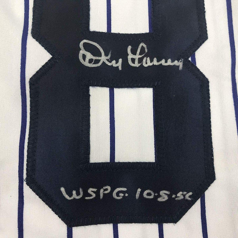 Autographed/Signed Don Larsen WS PG 10-8-56 New York Pinstripe Baseball Jersey Beckett BAS COA
