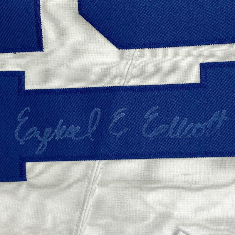 Autographed/Signed Ezekiel Elliott Dallas White Football Jersey Beckett BAS COA #2