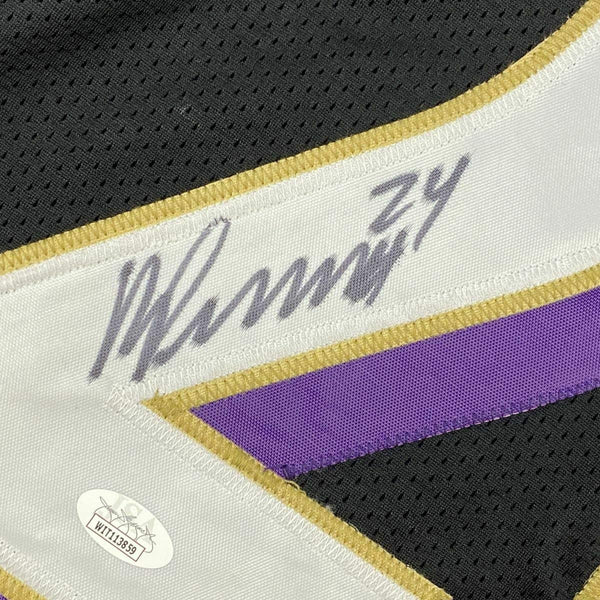 Framed Autographed/Signed Marcus Peters 35x39 Baltimore Black Football Jersey JSA COA