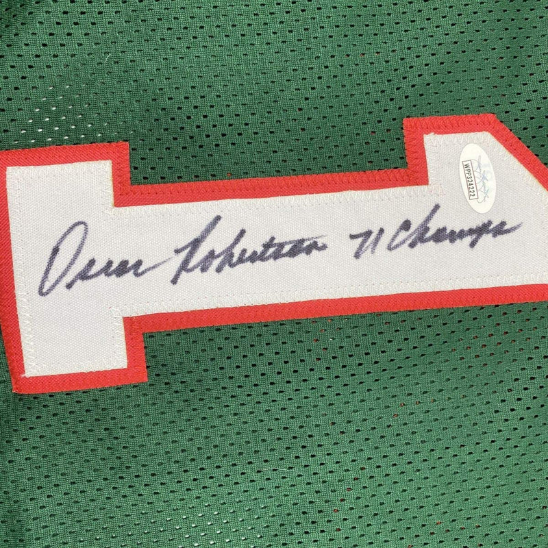 Autographed/Signed Oscar Robertson 71 Champs Milwaukee Green Basketball Jersey JSA COA