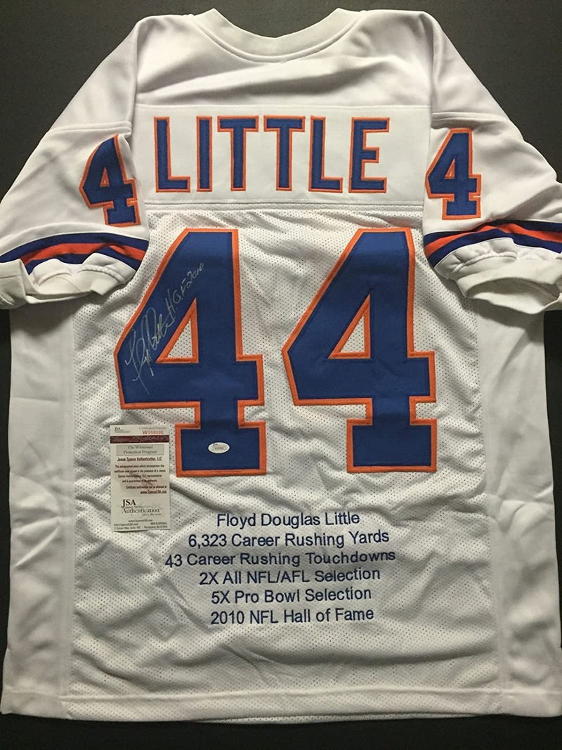 Autographed/Signed Floyd Little HOF 10  Denver Broncos White Stat Football Jersey JSA COA