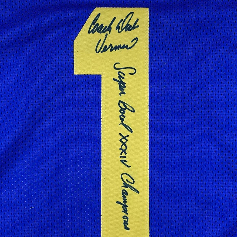 Autographed/Signed Dick Vermeil Super Bowl XXXIV St. Louis Royal Blue Football Jersey JSA COA