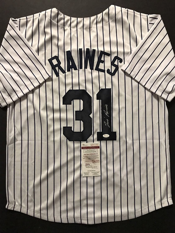 Autographed/Signed Tim Raines New York Pinstripe Baseball Jersey JSA COA