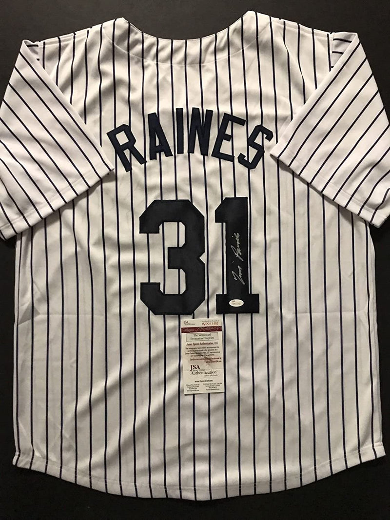 Autographed/Signed Tim Raines New York Pinstripe Baseball Jersey JSA COA
