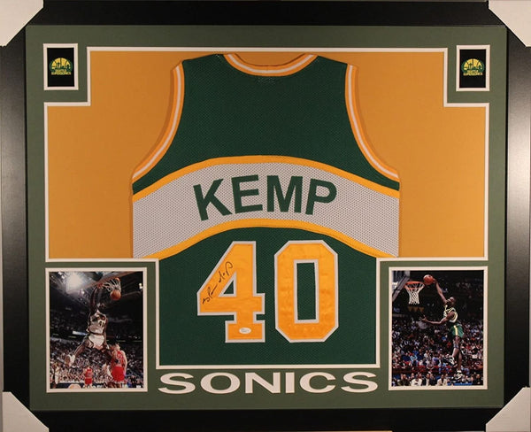Autographed/Signed Shawn Kemp Framed 35x43 Seattle SuperSonics Green Basketball Jersey JSA COA