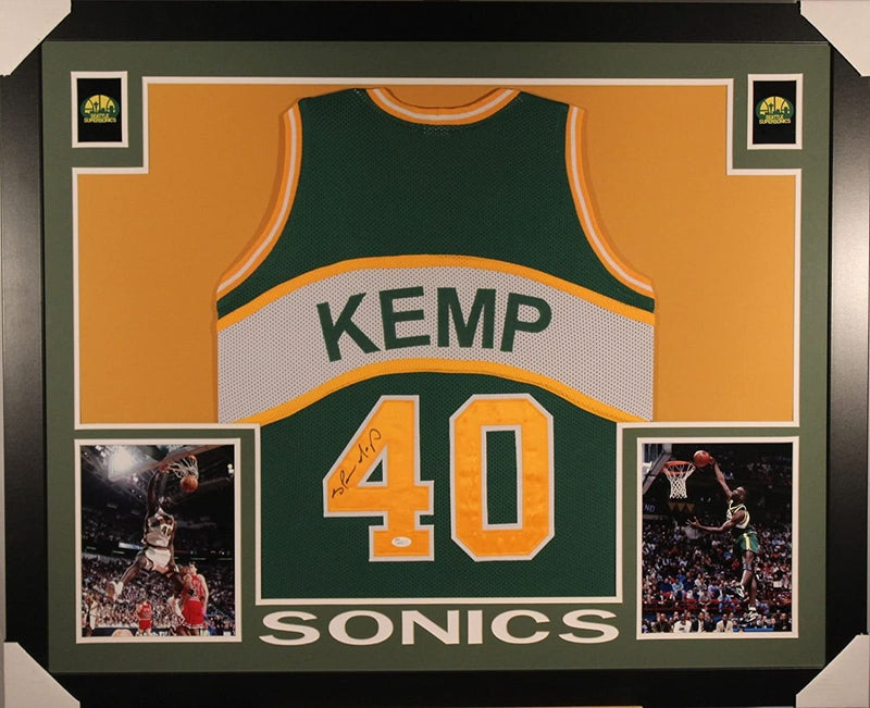 Autographed/Signed Shawn Kemp Framed 35x43 Seattle SuperSonics Green Basketball Jersey JSA COA