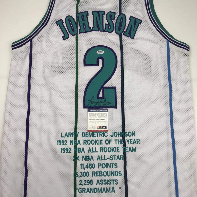 Autographed/Signed Larry Johnson Charlotte White Stat Basketball Jersey PSA/DNA COA