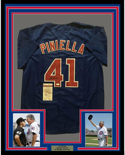 Framed Autographed/Signed Lou Piniella 35x39 Chicago Blue Baseball Jersey JSA COA